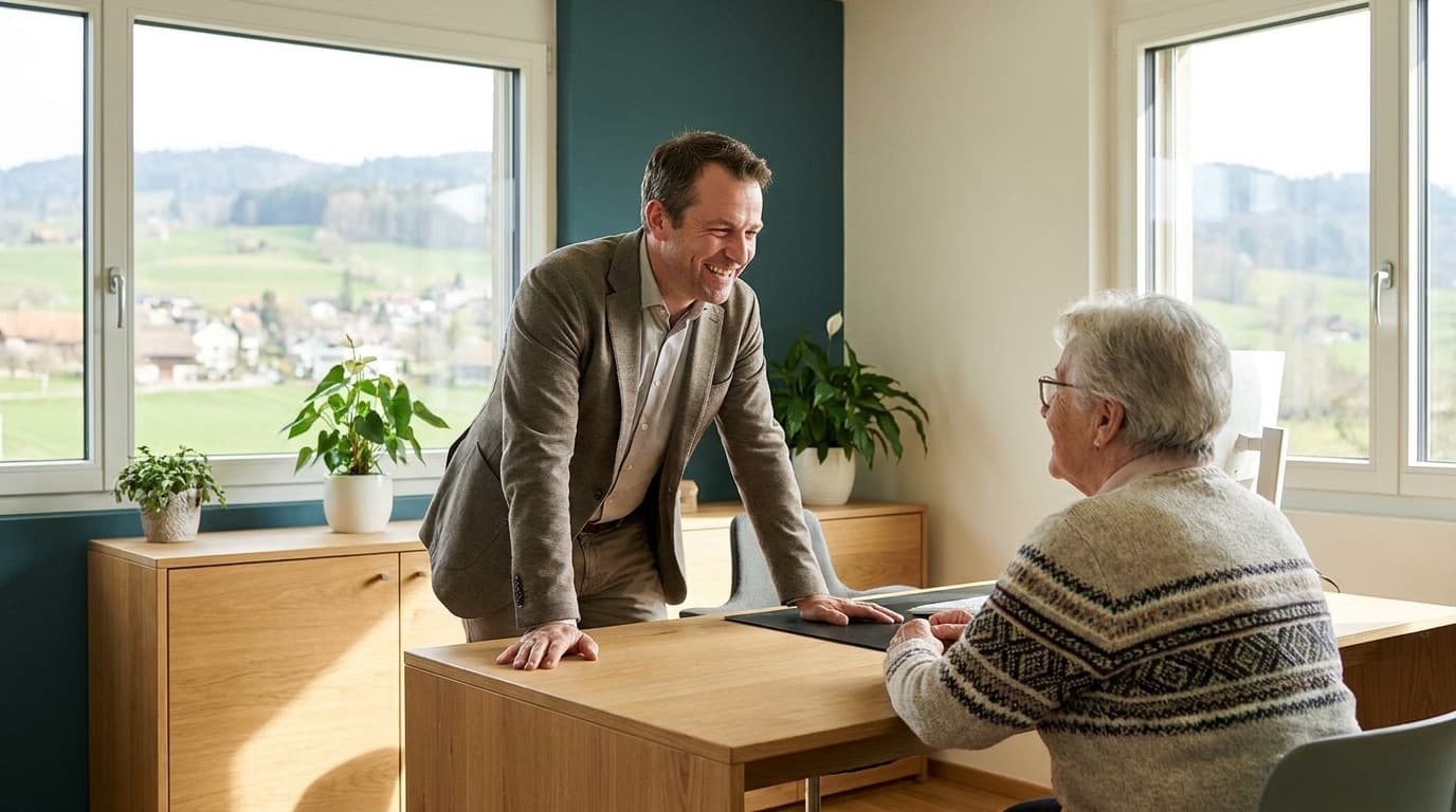 Hausarzt im freundlichen Gespräch mit einer älteren Patientin