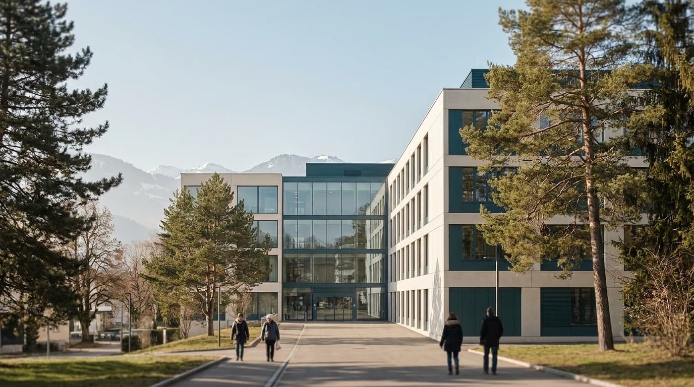 Modernes Spitalgebäude mit Bergen im Hintergrund